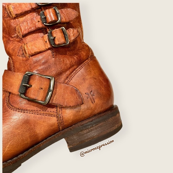 $389 Veronica Short Belted Cognac Leather Fringe Moto Vintage Combat Ankle Boot - Picture 10 of 15